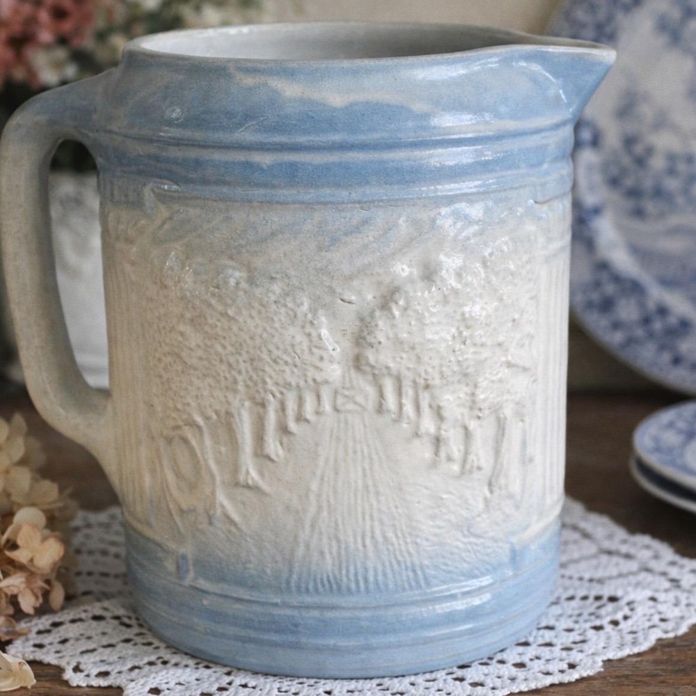 Antique‎ Salt-Glazed Stoneware Pitcher 19th Century Blue And White 8"